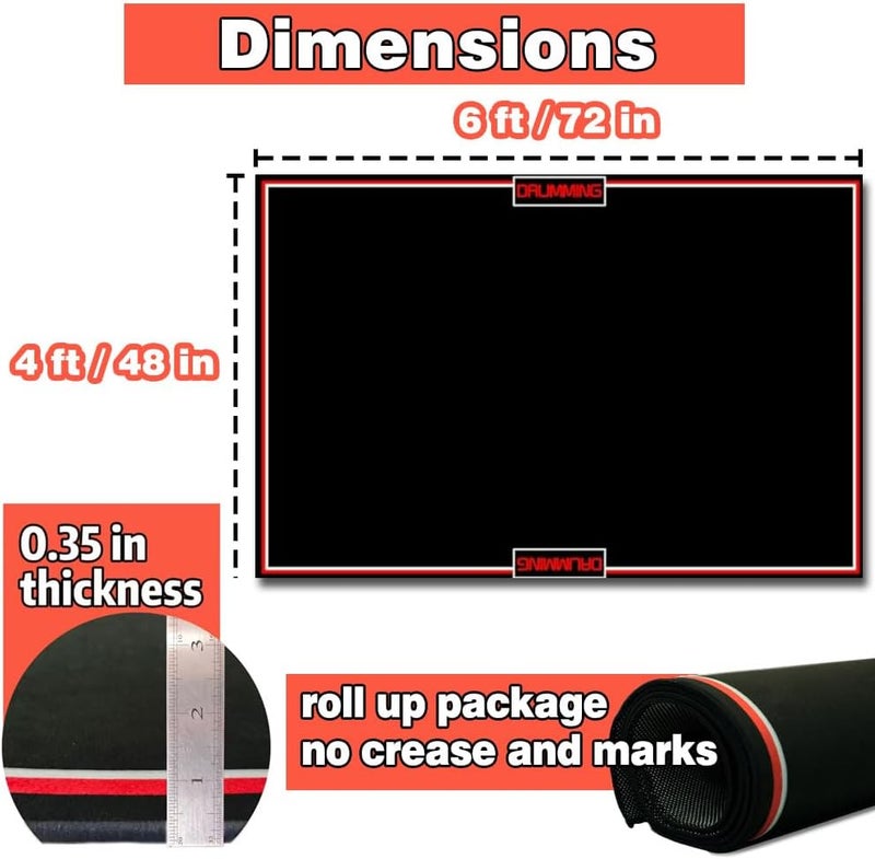 RV MURTS 4x6ft Drum Rug Mat with Non-Slip Grip Bottom, Drum Carpet Noise Reduction, Floor Protection for Electric Drum and Jazz Drum Set Splash Stands, Gift for Drummers, Music Practice Kit, 48x72in, Black - Image 2